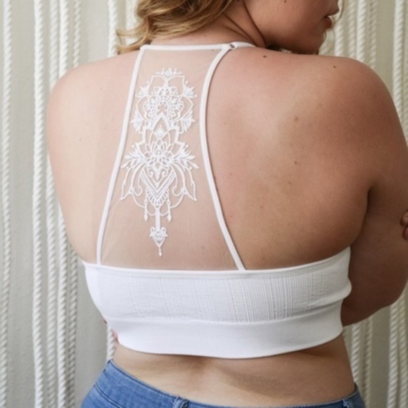 PLUS Boho Racerback Mesh Bralette White Floral Seamless - Picture 1 of 8